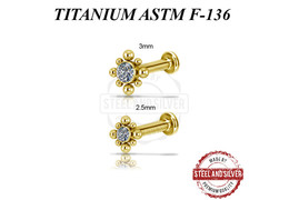 Лабрет из титана Steel and Silver с золотым покрытием и Premium Crystals